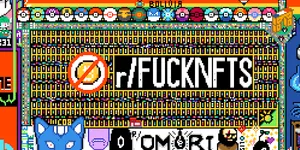 Pixel artwork showing a Bitcoin with a cancel symbol, and "r/FUCKNFTS"