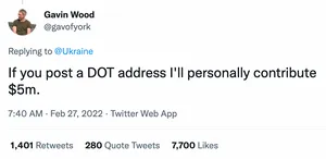 Gavin Wood
@gavofyork
Replying to 
@Ukraine
If you post a DOT address I'll personally contribute $5m.