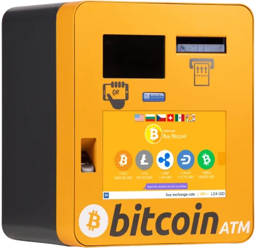 A General Bytes Bitcoin ATM, which has a bright orange face with the text "Bitcoin ATM" on it, and a screen showing multiple cryptocurrencies that can be purchased.