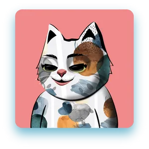 An illustration of a calico cat with green eyes