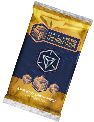 A digital rendering of a foil-wrapped packet of trading cards, in gold and black. The logo says "Ingress 2022 Epiphany Dawn".