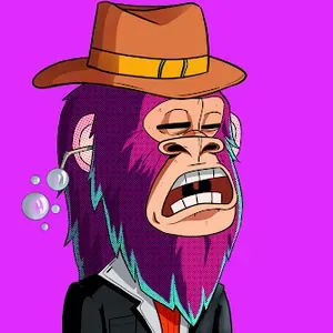 An ape face with a purple and turquoise lion mane, wearing a fedora styl hat and a wide collared shirt. It's grimacing and bubbles are coming out of its ears.