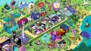 An intricate, rainbow-colored digital art mural of a city