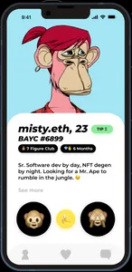 A dating app screen shows a Bored Ape NFT with pink fur and a ponytail, with a profile named "misty.eth"