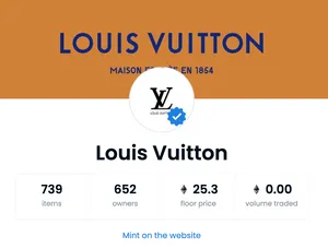 OpenSea page of a Louis Vuitton branded collection, showing a profile photo with a blue checkmark on the image itself