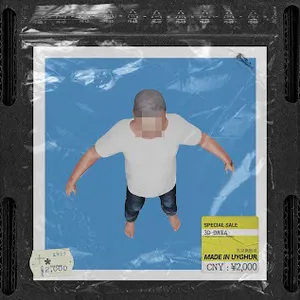 A 3D rendering of a man, standing in a T-pose and pictured from above his head. The rendering itself is shown on what appears to be a polaroid-style photograph inside a black plastic sleeve with stickers on it