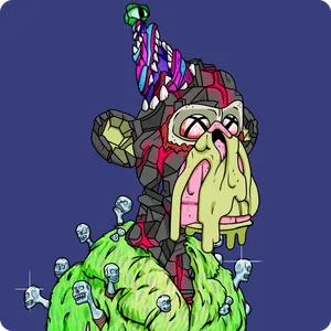 A Mutant Ape with x-ed out eyes, snot on its face, and a green fur coat with skulls sticking out of it