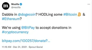 Tweet by Mozilla: "Dabble in 
@dogecoin
? HODLing some #Bitcoin & #Ethereum?

We’re using 
@BitPay
 to accept donations in #cryptocurrency 

https://bitpay.com/100257/donate?utm_source=twitter&utm_medium=social&utm_content=1640967540"