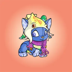 An "Acara" Neopet with a plushie body, sad expression, and squid hat and scarf