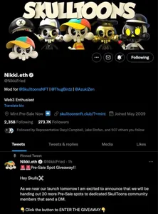 Twitter profile of Nikki Fried, showing banner and profile pictures for "Skulltoons", and the name "nikki.eth"