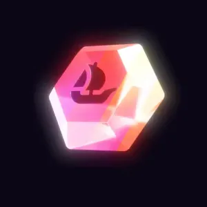 A pink, orange, and yellow 3D gem with the OpenSea logo on the top facet
