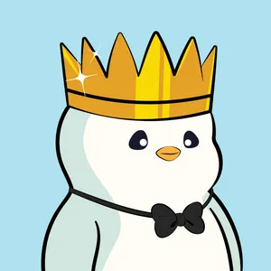 An illustration of a white penguin wearing a bow tie and gold crown on a light blue background