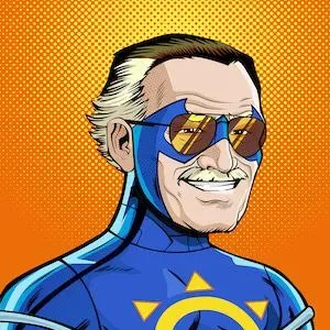 An illustration of Stan Lee wearing a blue superhero costume and sunglasses