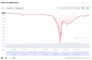 Price chart of Tether to USD, showing a gradual decline below $0.99, then a dramatic dip to $0.95, before recovering to around $0.98 and then a more gradual recovery