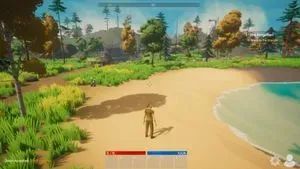 A video game character stands on a beach