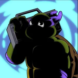Illustration of a Teenage Mutant Ninja Turtle holding a boombox to its ear