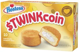 A box of Hostess snack cakes, showing a disc-shaped twinkie cake, and the red text "$TWINKcoin"