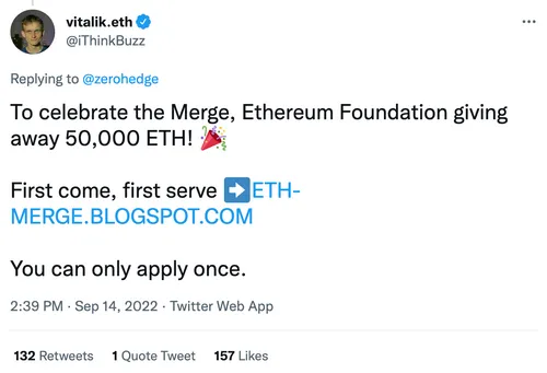 Tweet by Twitter account with the verified display name "vitalik.eth" but the account handle "iThinkBuzz". Tweet reads "To celebrate the Merge, Ethereum Foundation giving away 50,000 ETH! 🎉  First come, first serve ➡️https://ETH-MERGE.BLOGSPOT.COM  You can only apply once."