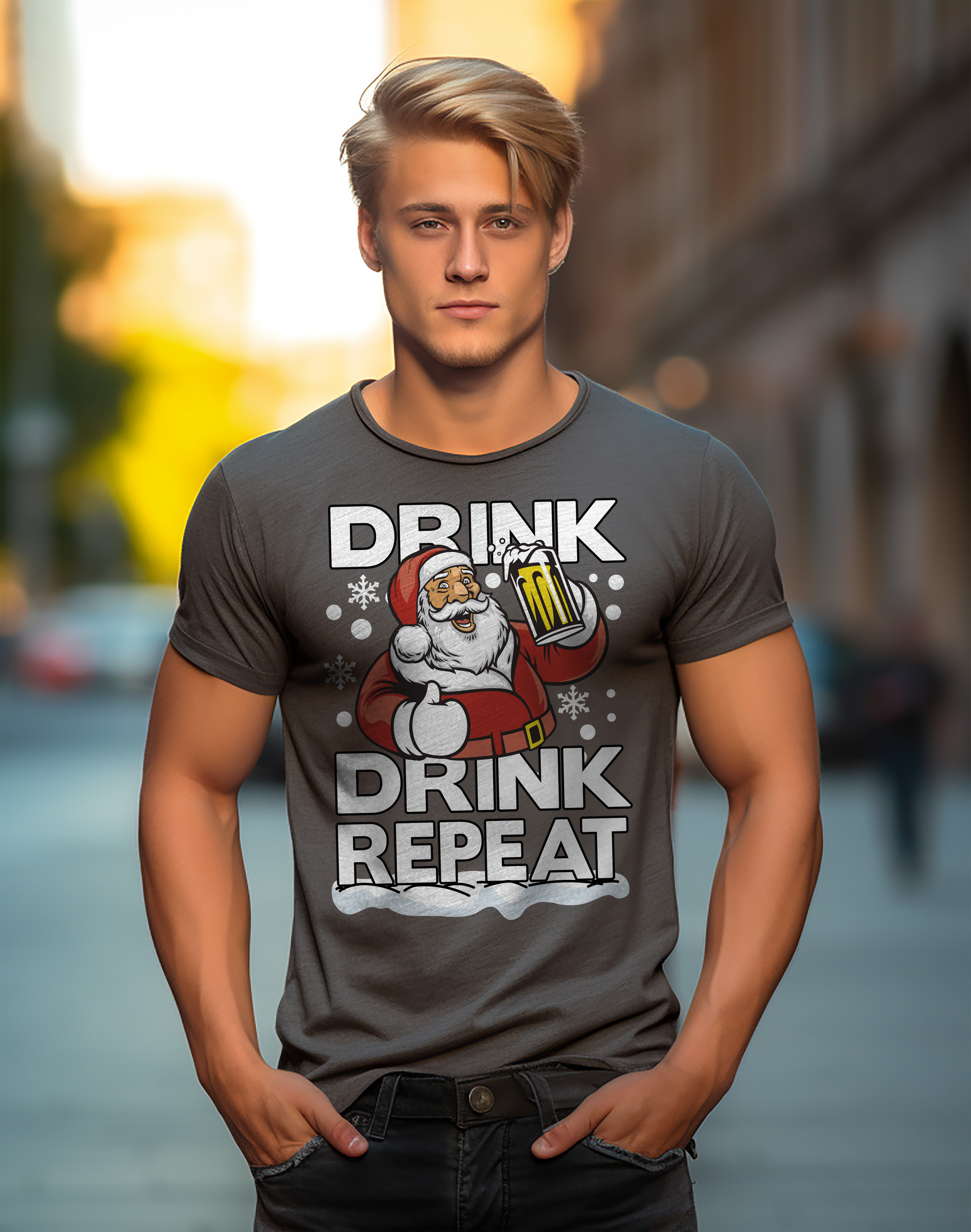 PrintBar Drink Drink Repeat Weihnachtsmann T-Shirt - lustig und festlich! 100% Baumwolle, Funn - Bild 32 von 58