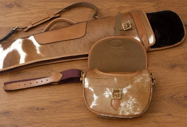 Classic Brown & White Cowhide Gun Slip & Cartridge Bag (2 piece set)