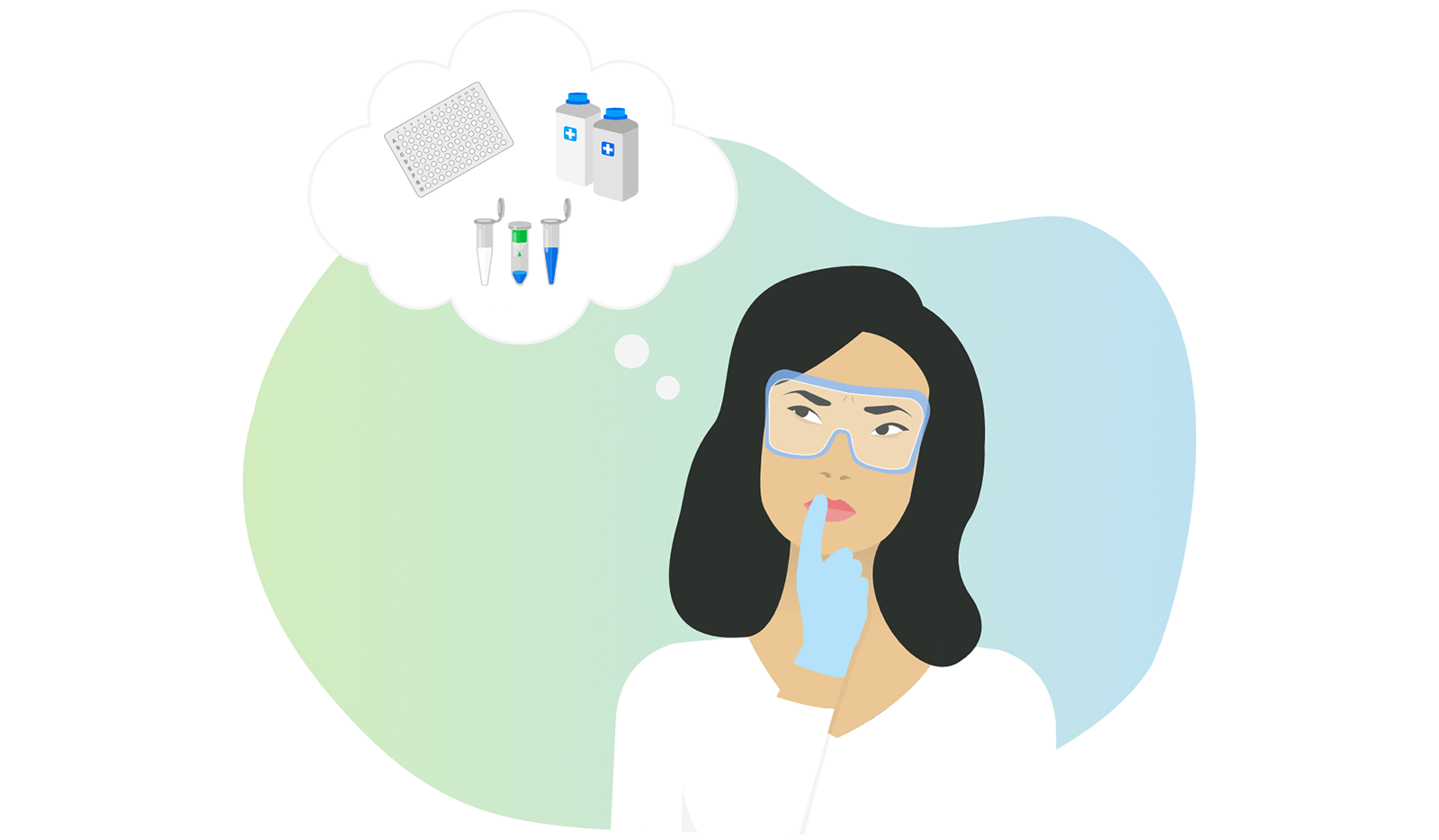 Illustration of scientist with thought bubble containing lab supplies