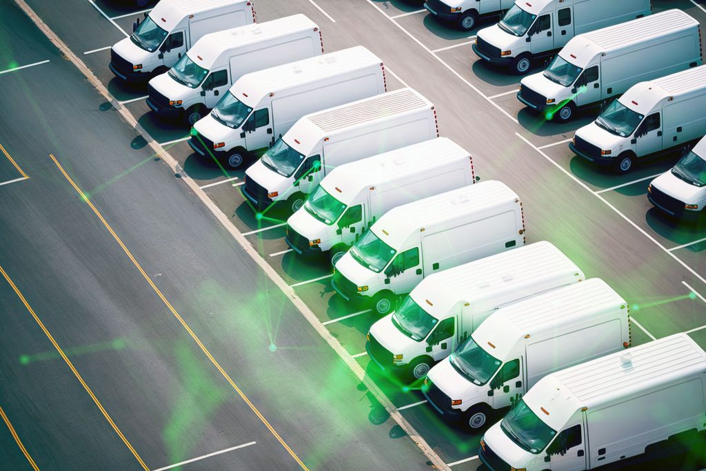 row of white vans with green plexus overlayed