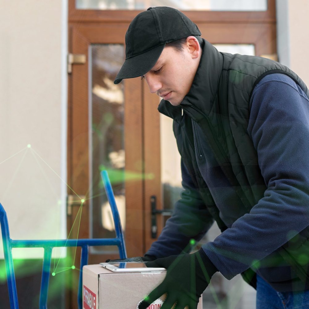 male-courier-stacking-packages-onto-trolley-with-green-plexus-overlay male-courier-stacking-packages-onto-trolley-with-green-plexus-overlay