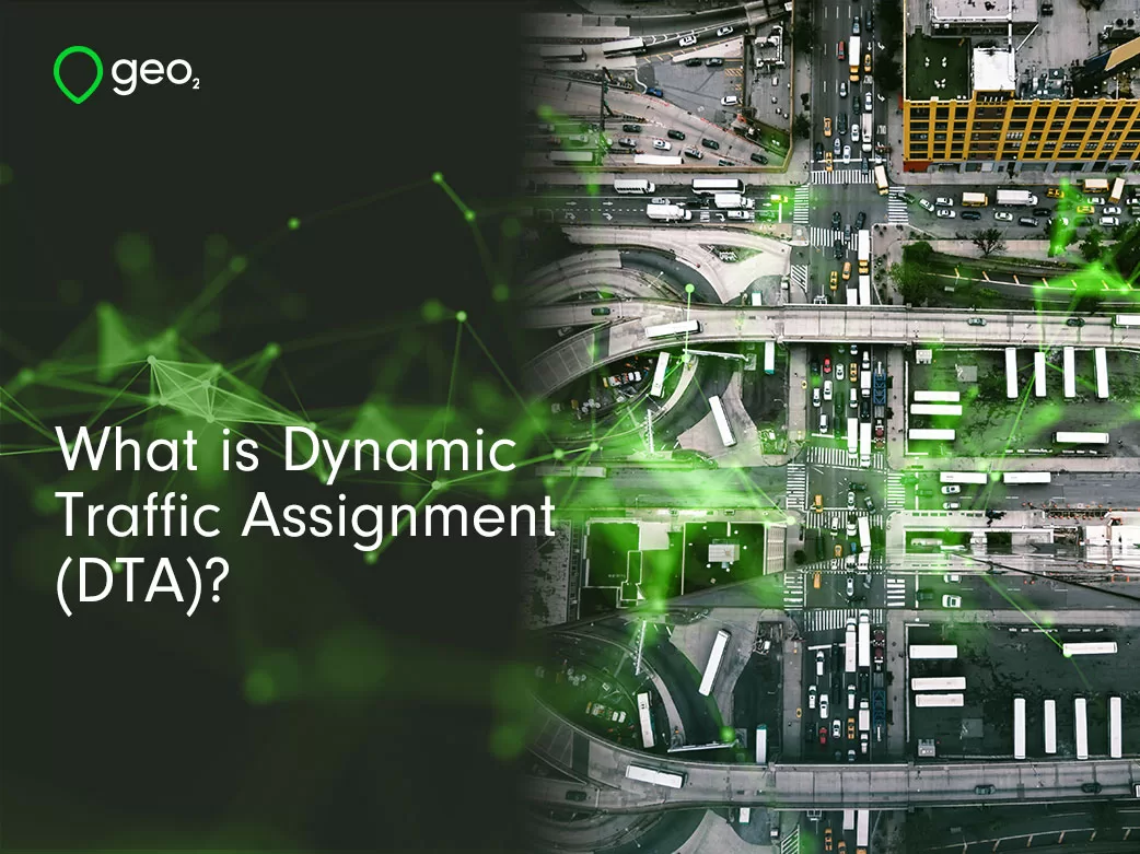 What is dynamic traffic assignment (DTA) title page with aerial view of New York traffic and green plexus overlayed