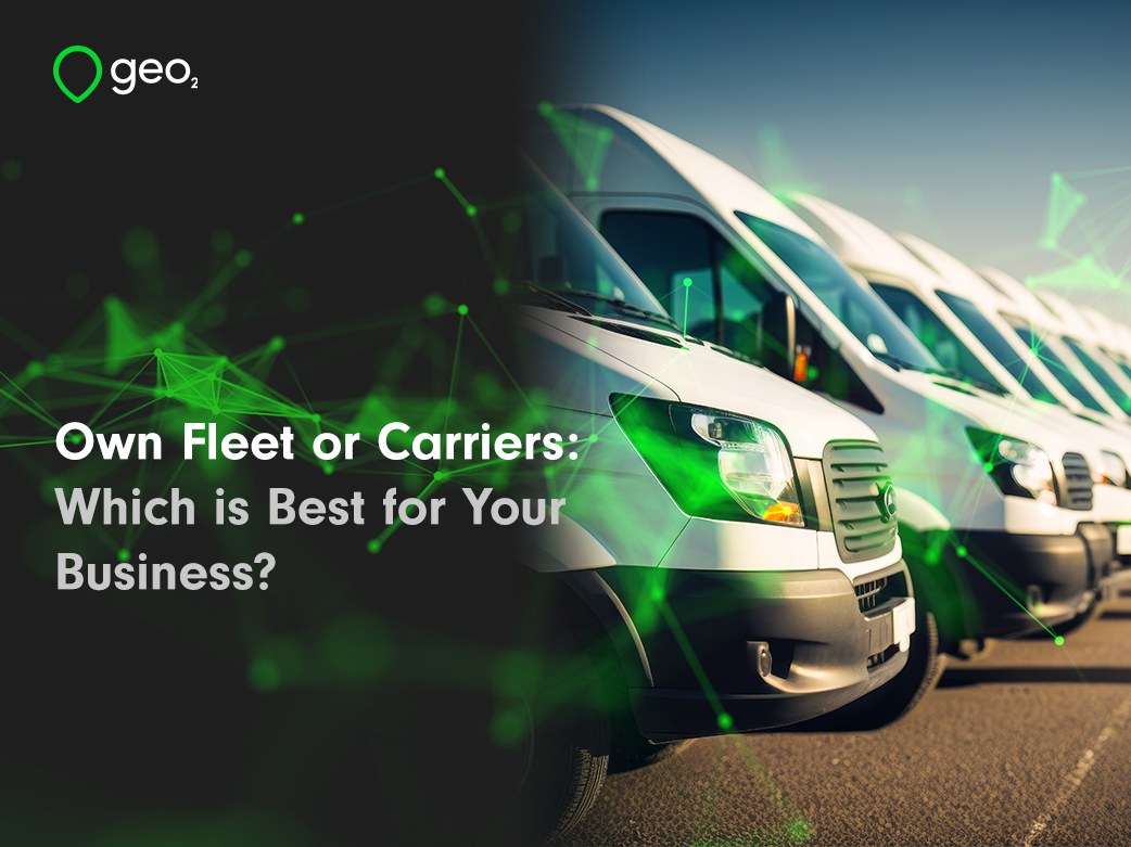 "Own fleet or carriers: which is best for your business?" title page with green plexus and white vans fleet