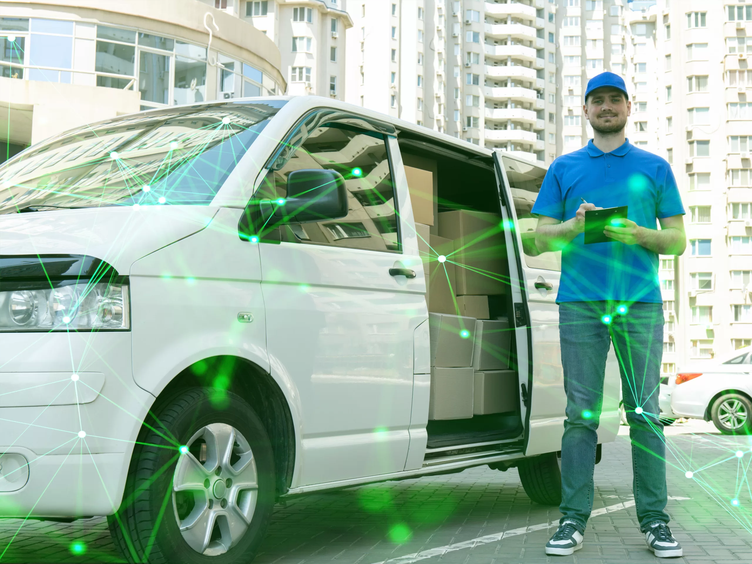 A courier with a tablet in his hands near a car with boxes