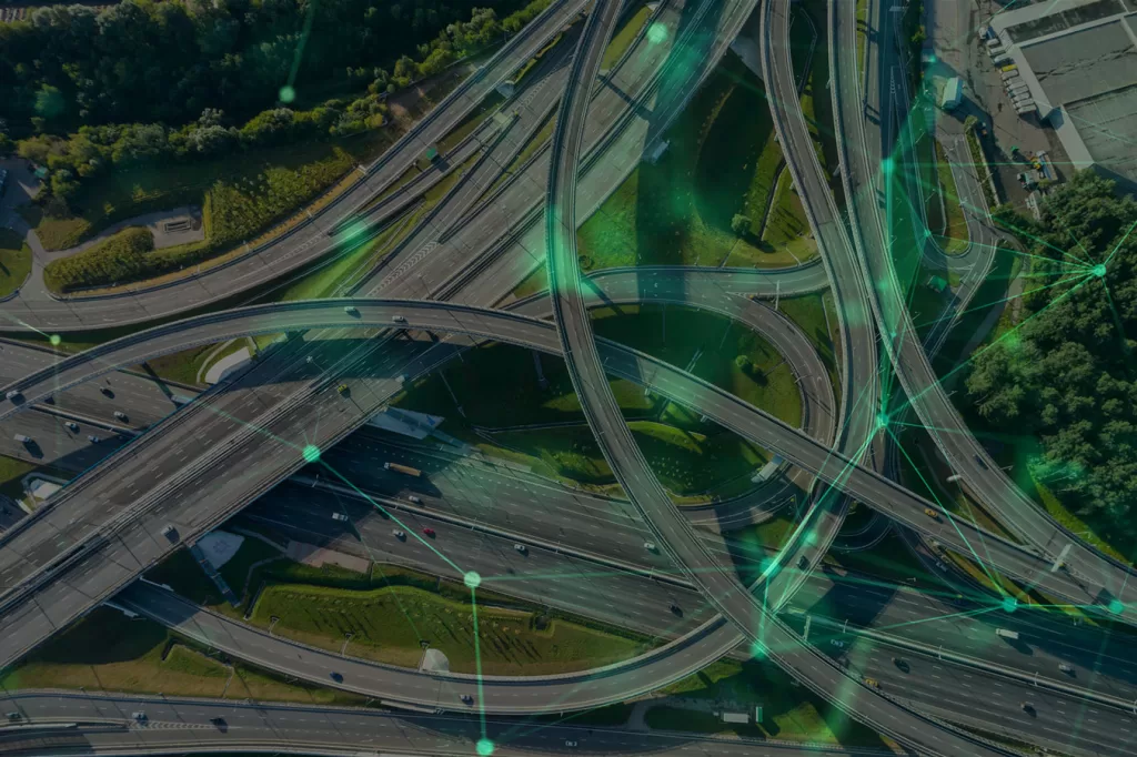 Road network from a bird's eye view with plexus overlay