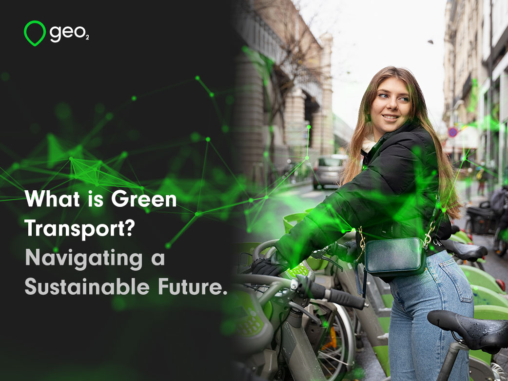 "What is Green Transport? Navigating a Sustainable Future" title image with gren pelxus and woman in city with electric bike