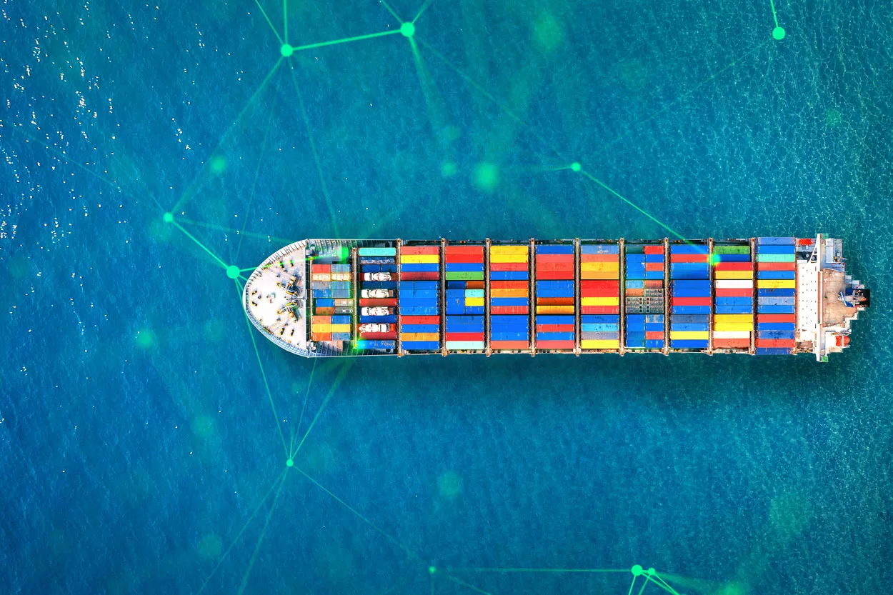 aerial view of cargo ship in blue sea with green plexus overlayed