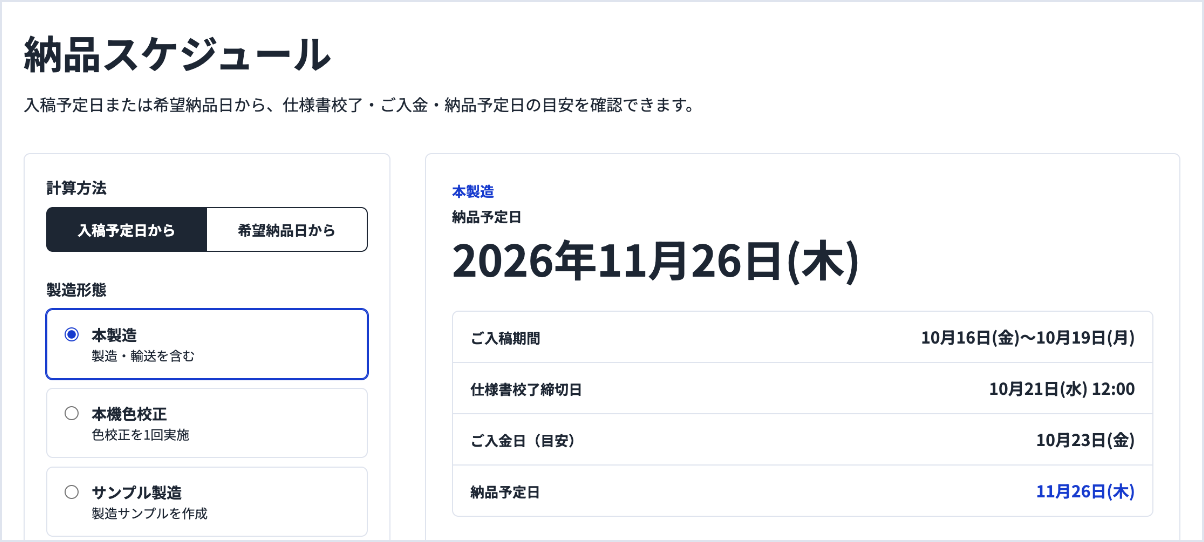 納品スケジュールの画面。左で計算方法・製造形態・入稿予定日を選ぶと、右に納品予定日と各工程の日付が表示される
