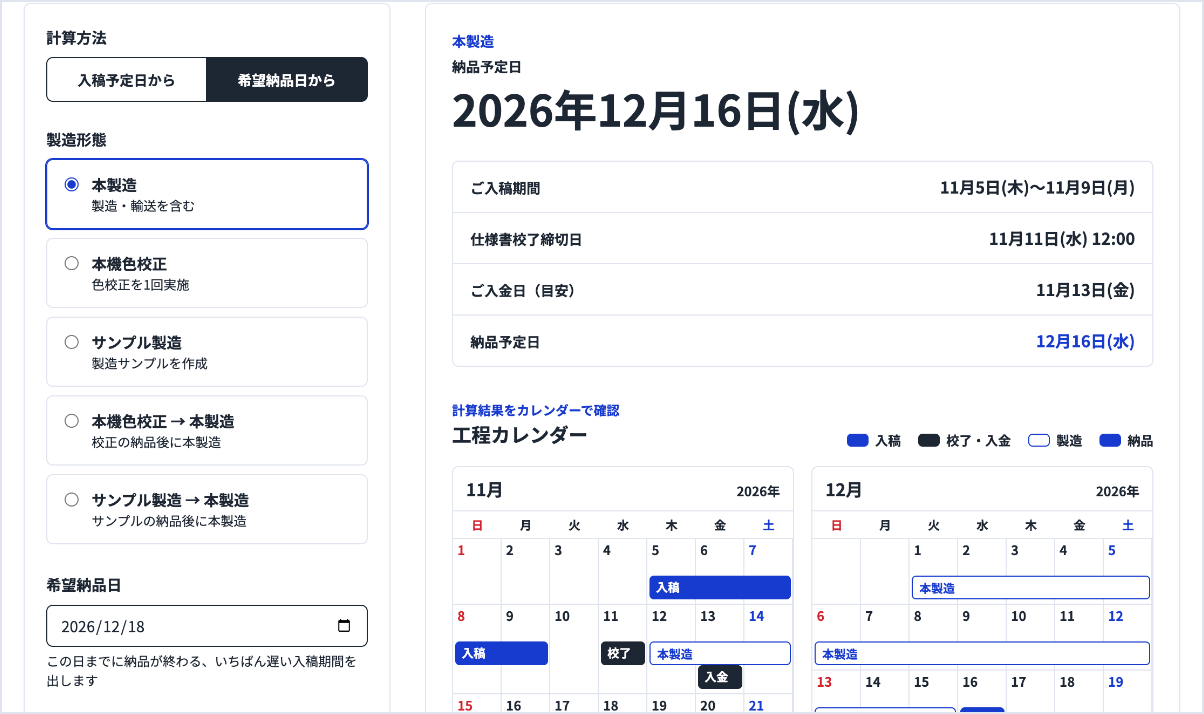 希望納品日から計算した画面。希望納品日12月18日に対して、ご入稿期間11月5日〜11月9日、納品予定日12月16日が表示されている