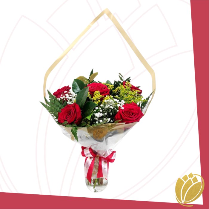 Buquê com 5 Rosas Naturais Completo