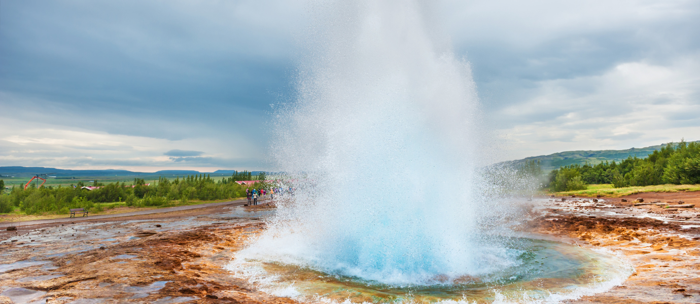 Eruption of Strokkur Geysir, Golden circle route in Iceland