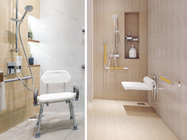 เลือกฝักบัวแบบที่มีก้านให้ปรับระดับ-ที่นั่งอาบน้ำแบบพับเก็บได้-เก้าอี้อาบน้ำสี่ขา