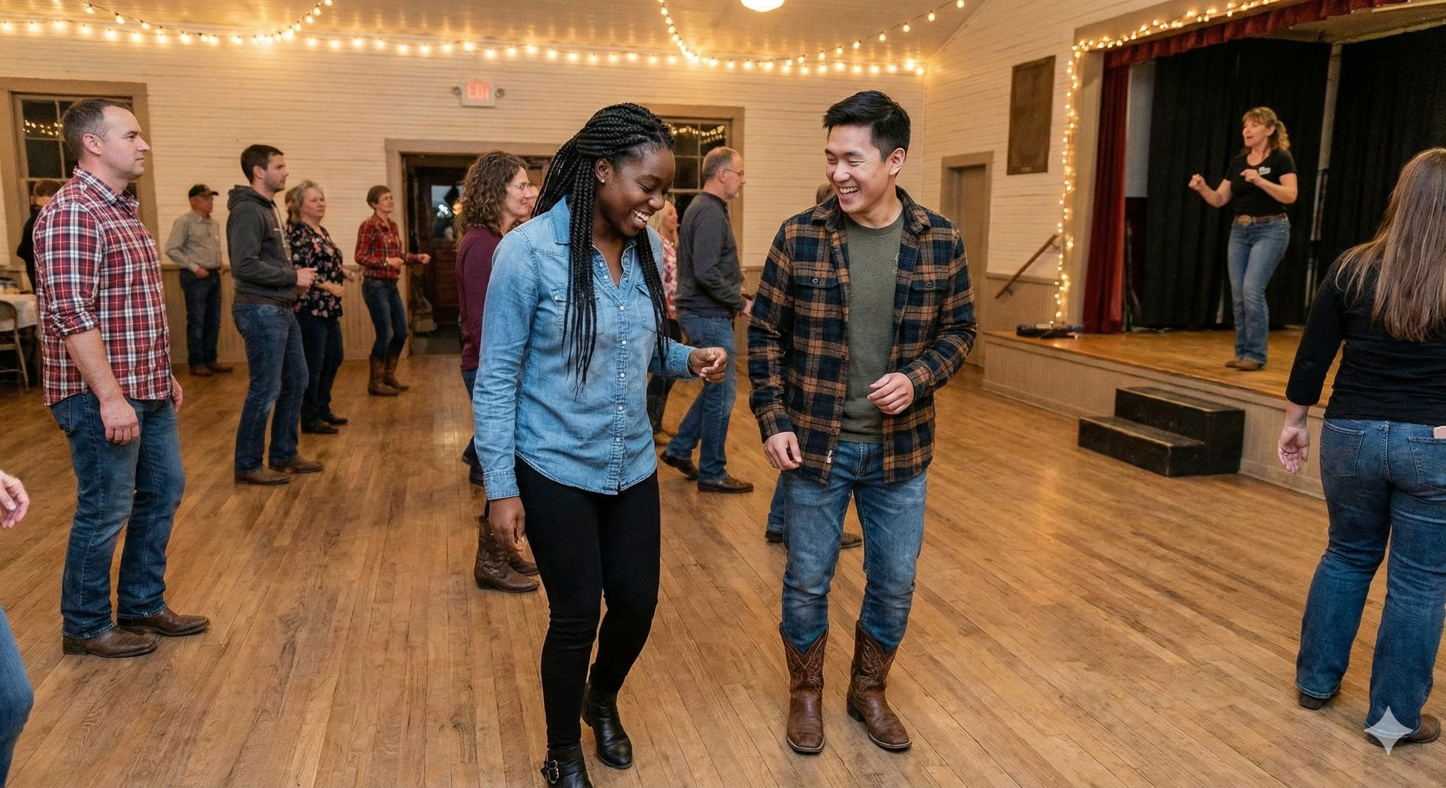 Married couple learning to line dance on date night