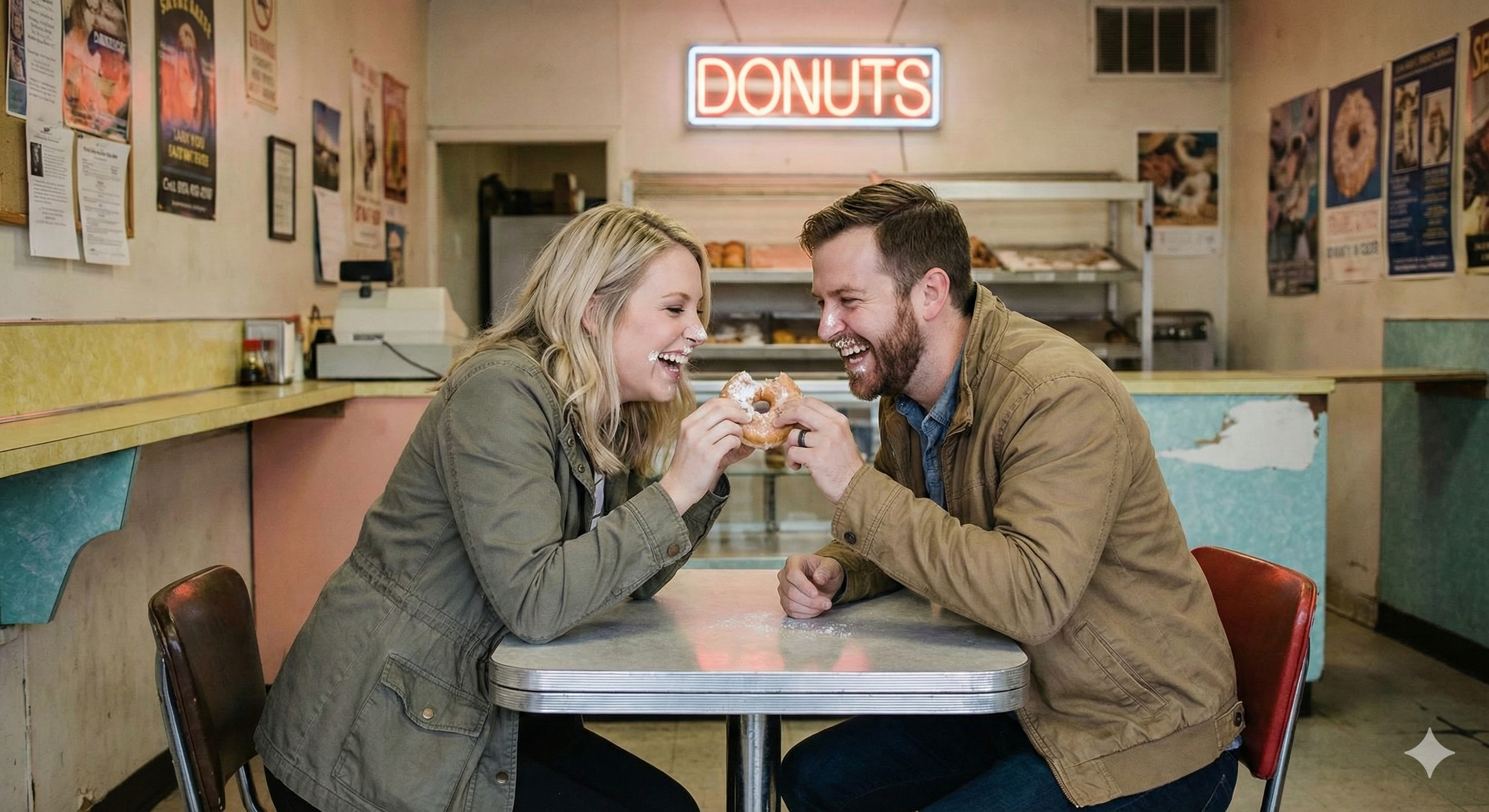 Married couple tasting donuts on date night