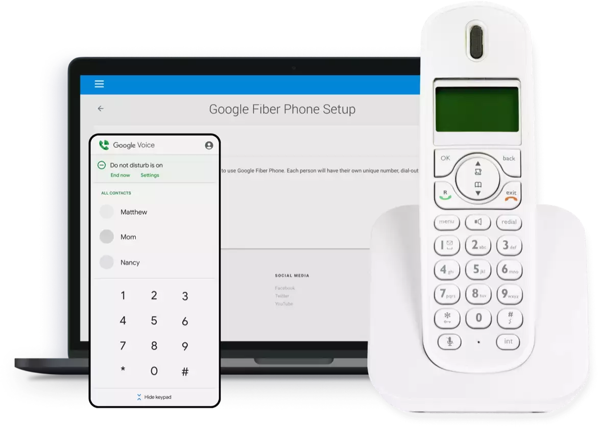 A setup page displayed on a cell phone, laptop, and cordless phone, illustrating the ե֭ Phone setup process