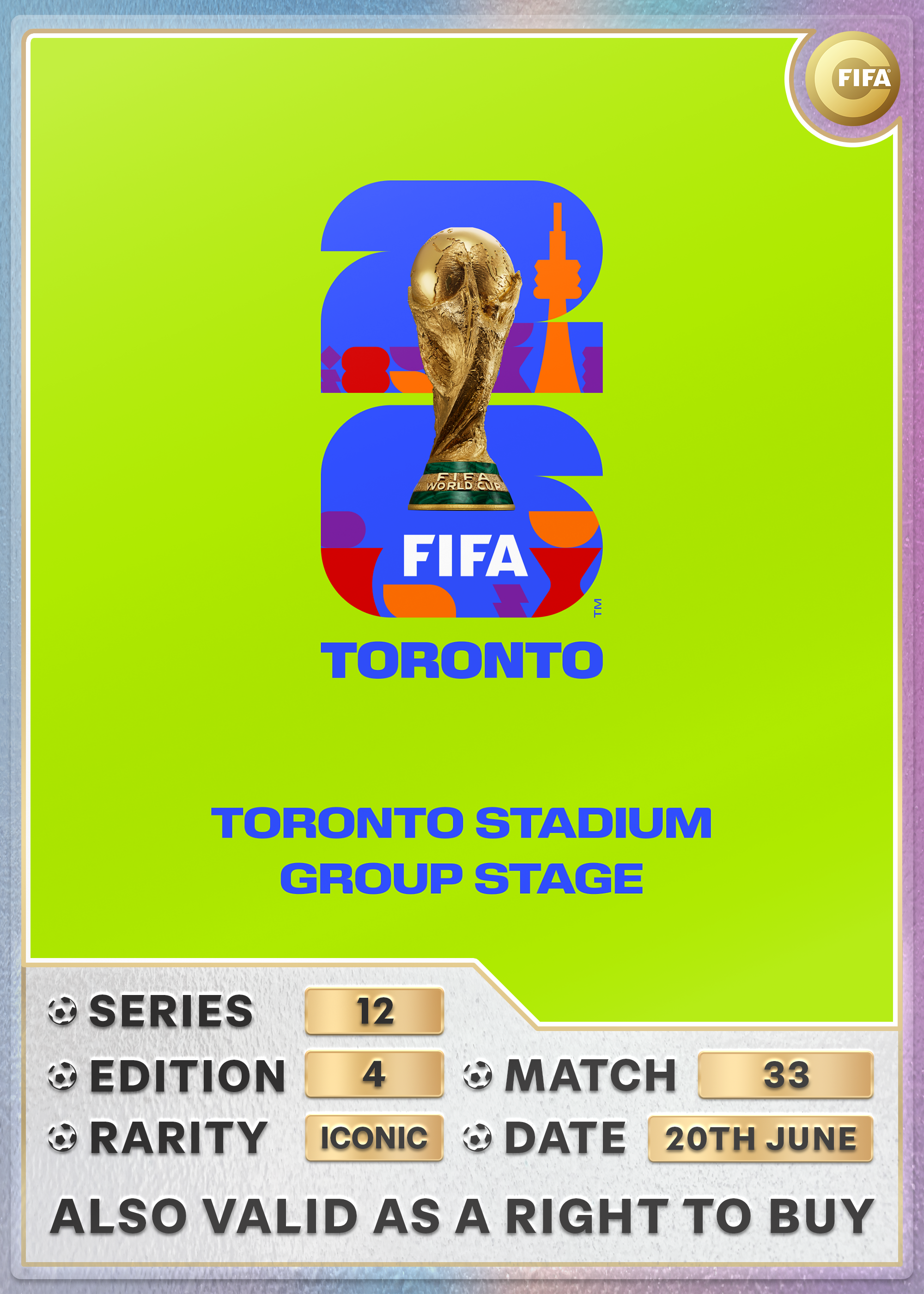 Collectible also valid as RTB for 2 tickets to M33 Toronto