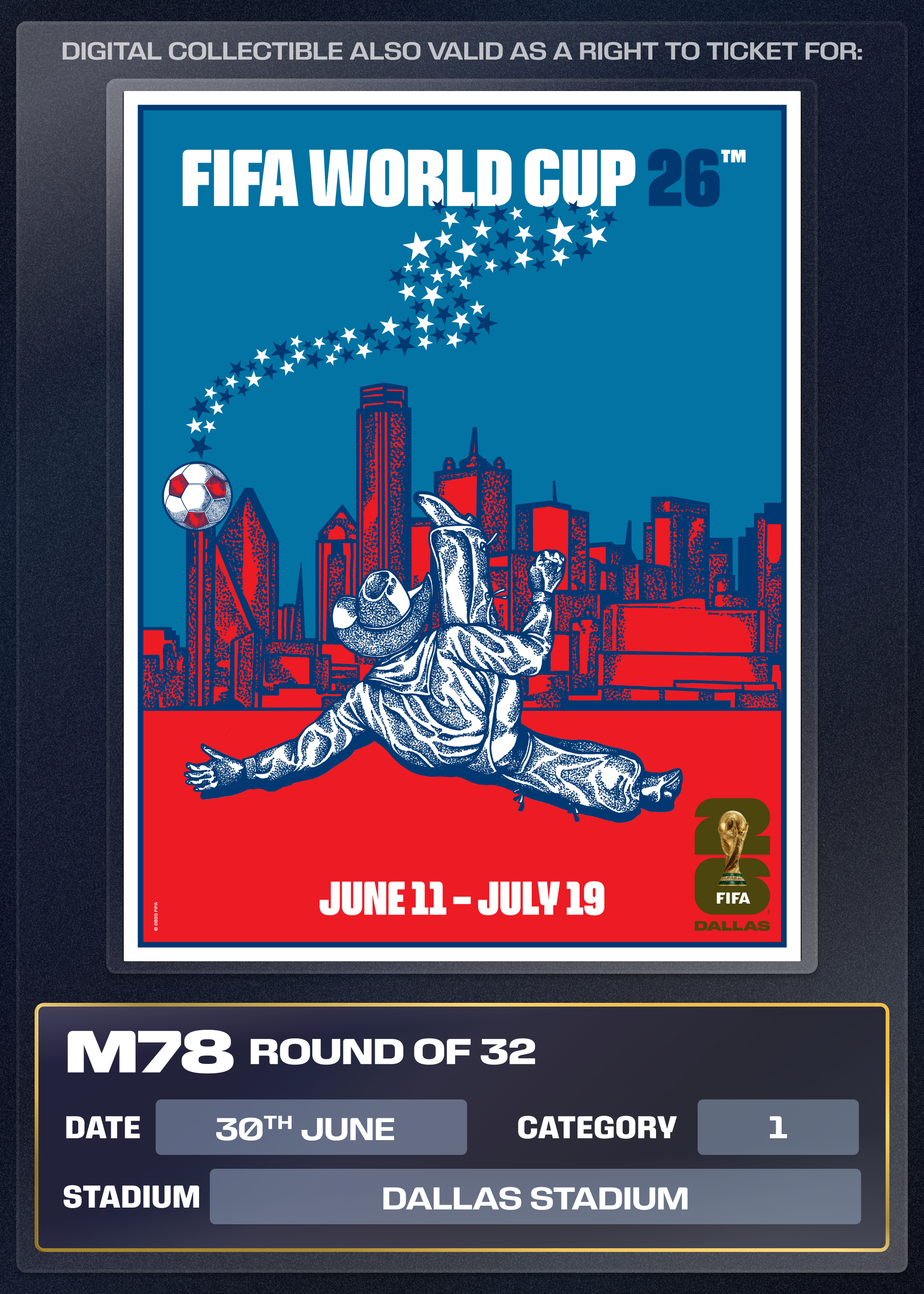 Collectible also valid as Right To Ticket Category 1 for M78