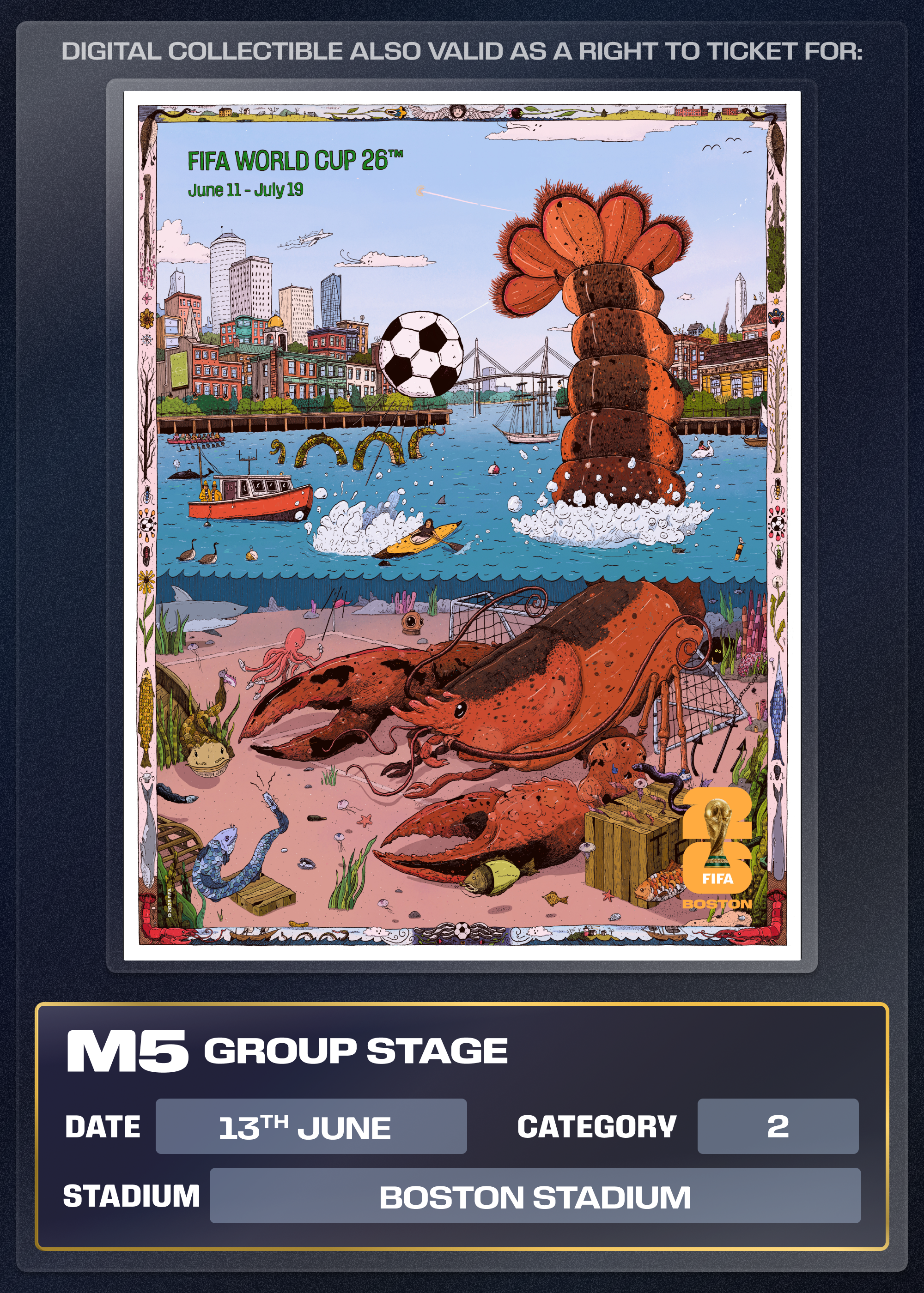 Collectible also valid as Right To Ticket Category 2 for M5 Boston