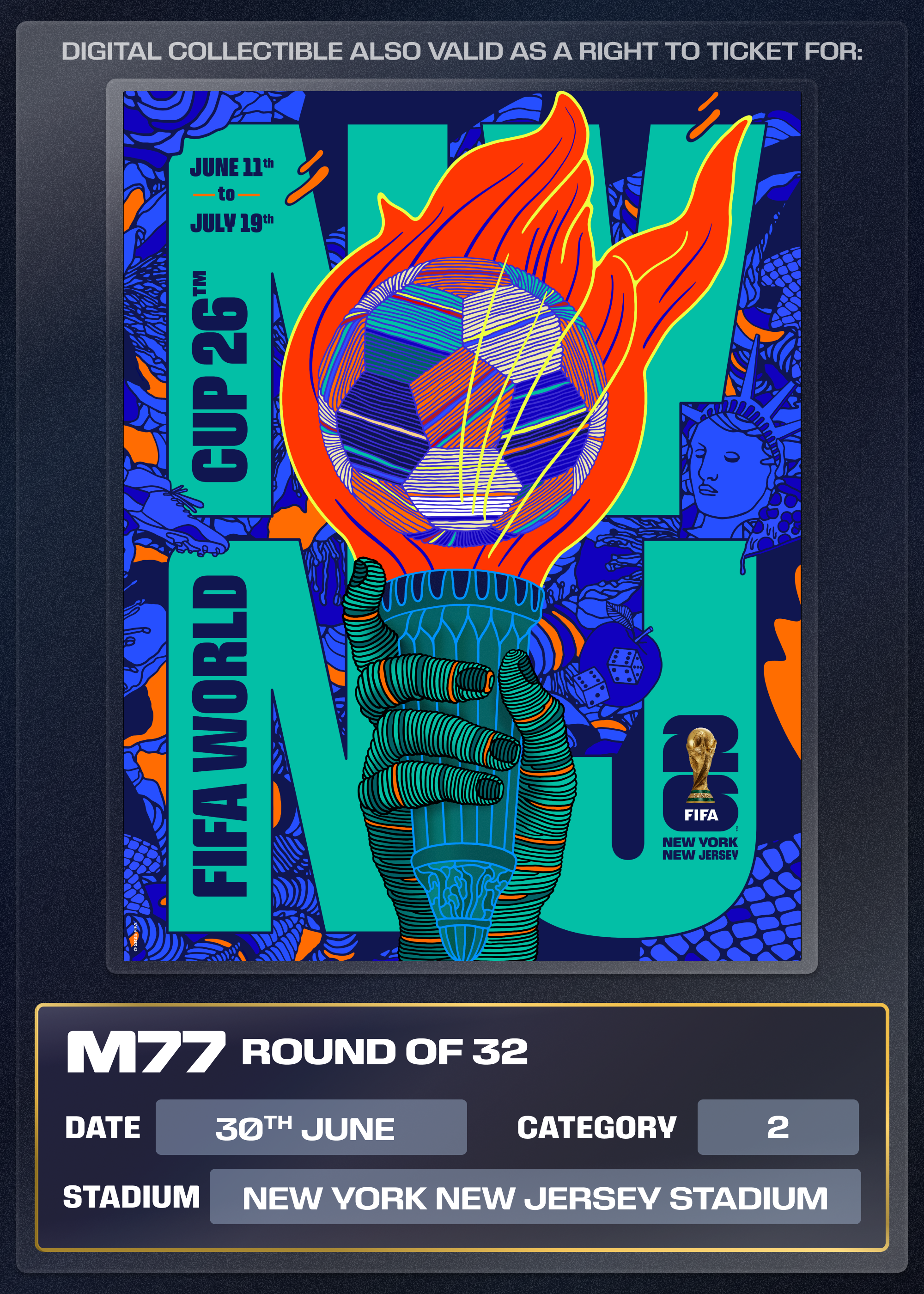 Collectible also valid as Right To Ticket Category 2 for M77 New