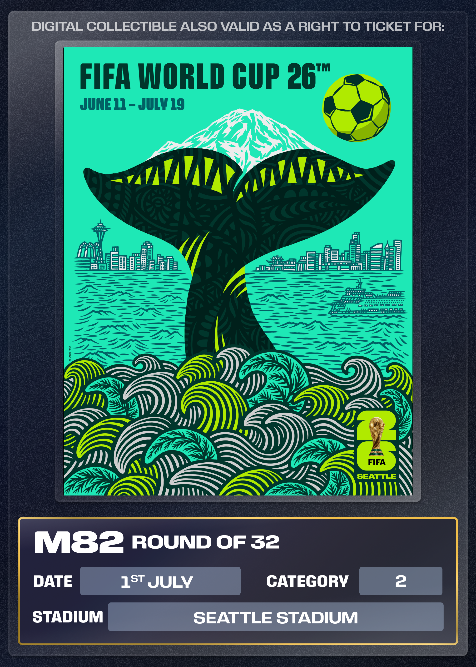 サッカーワールドカップ未使用チケット Collectible also valid as Right To Ticket Category 2 for M82