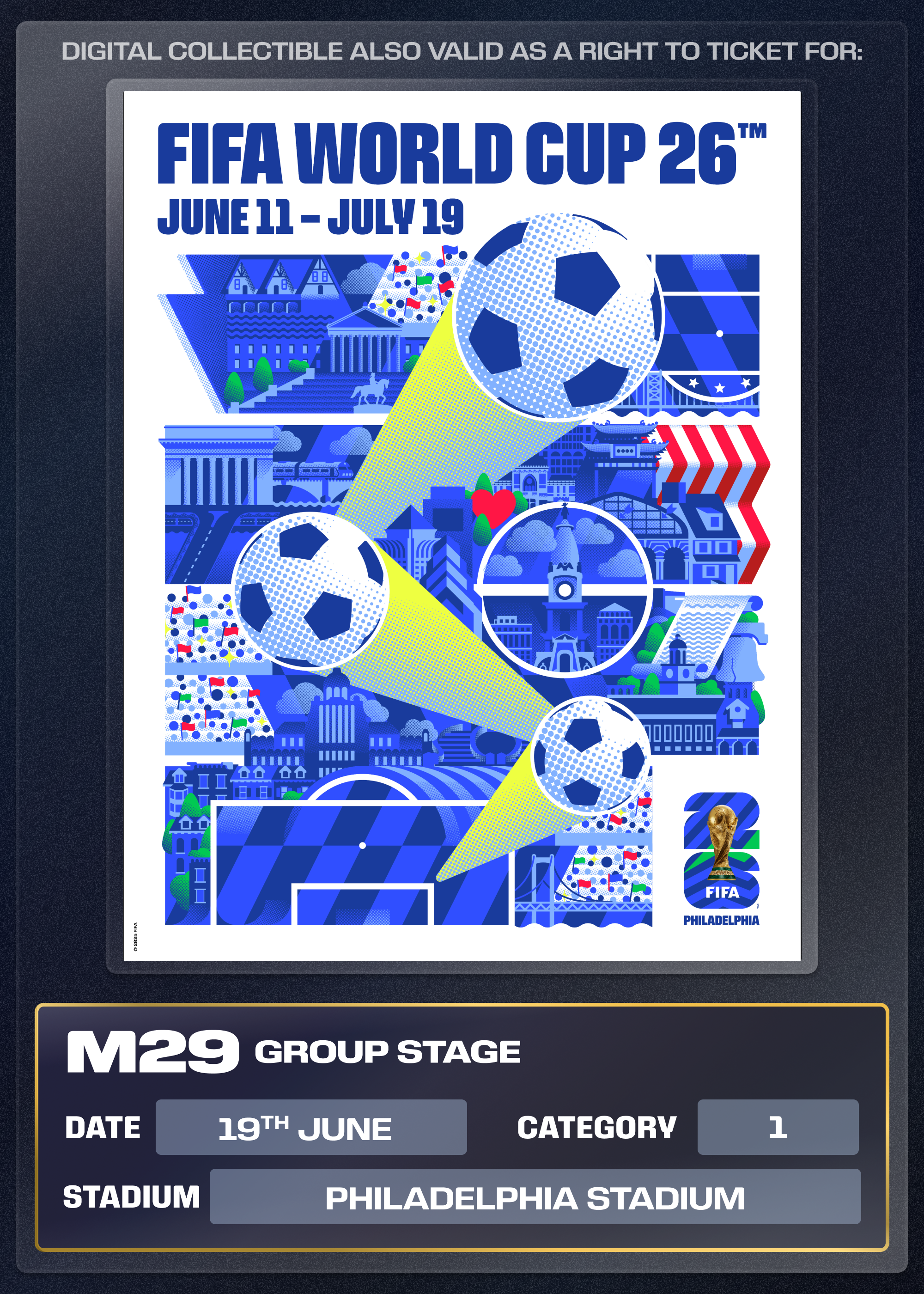 Collectible also valid as Right To Ticket Category 1 for M29