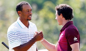 Tiger Woods greets Rory McIlroy after their World Golf Final Group 1 match in Antalya