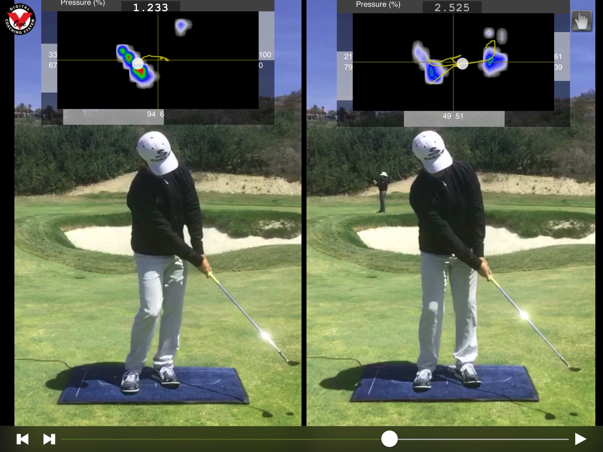 The (R) Golfer continues to be unstable with his foot work.  It's hard to hit the golf ball with this connection to the ground.
