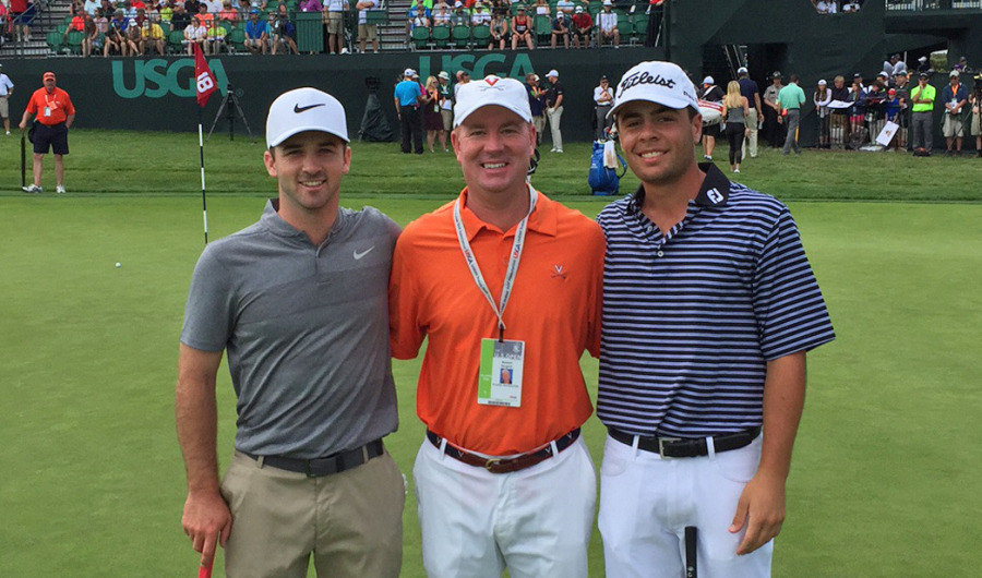 Coach Bowen Sargent of UVA, along with former players Denny McCarthy and Derek Bard at the US Open